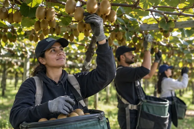 A Dubb Horticulture worker picking kiwifruit under the canopy