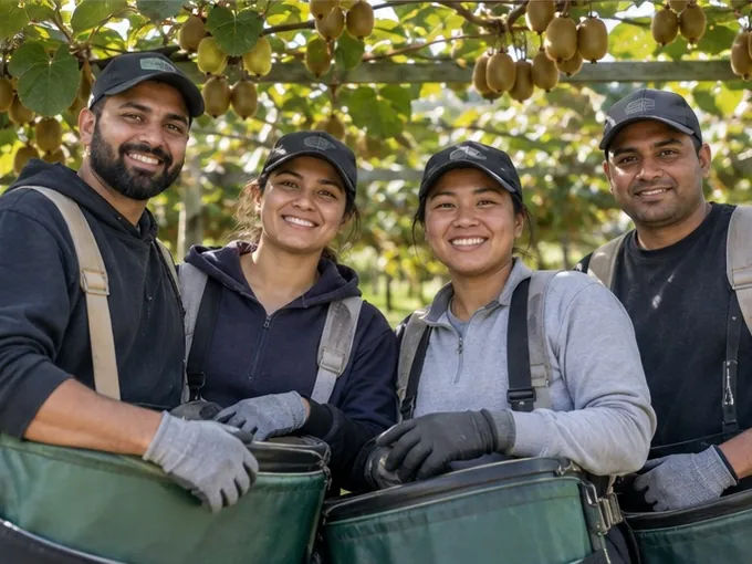 Four Dubb Horticulture crew members with picking bags in a kiwifruit orchard