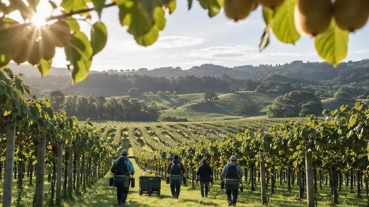 Dubb Horticulture workers moving down a kiwifruit orchard row at first light