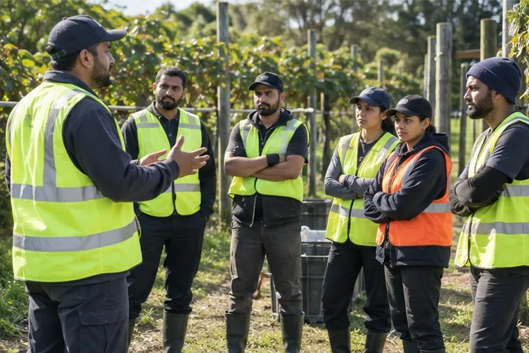 A hi-vis crew listening to a supervisor's pre-start briefing